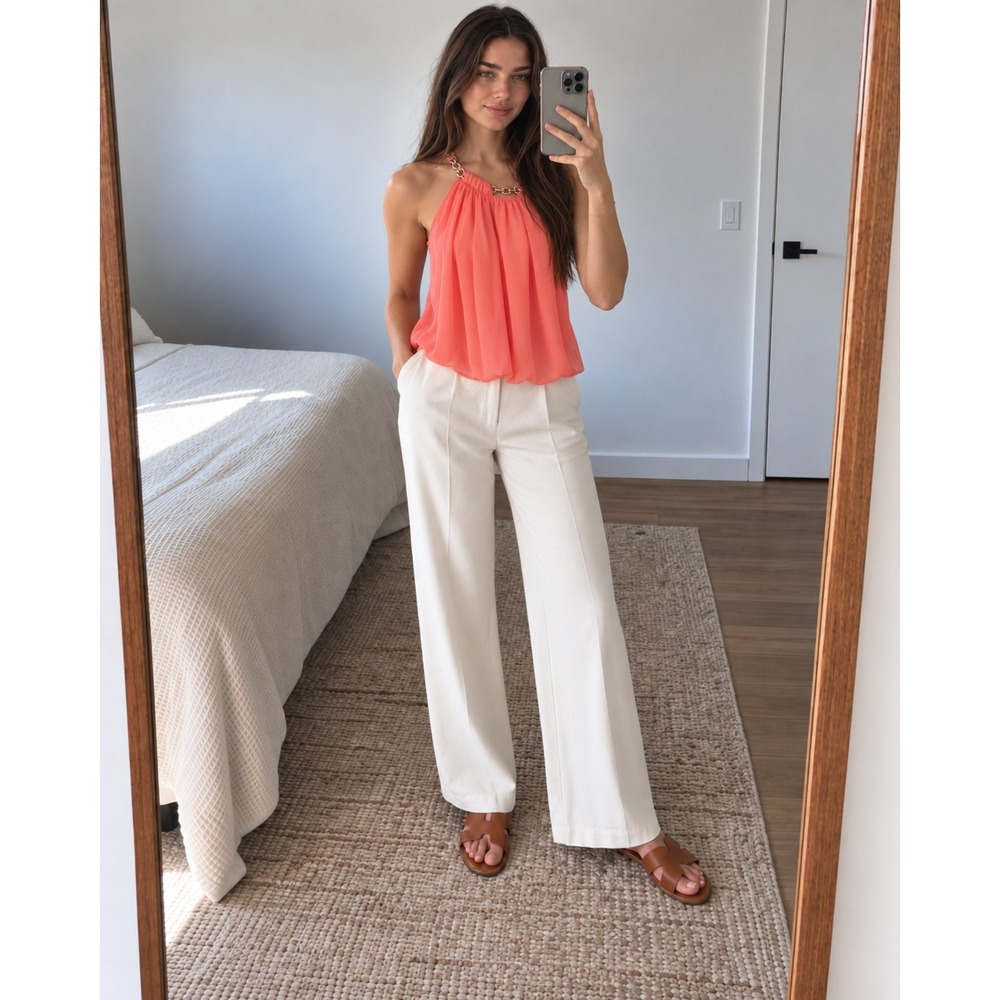 Diane von Furstenberg Womens Silk Top Petite Coral Gold Chain Halter Resort Glam